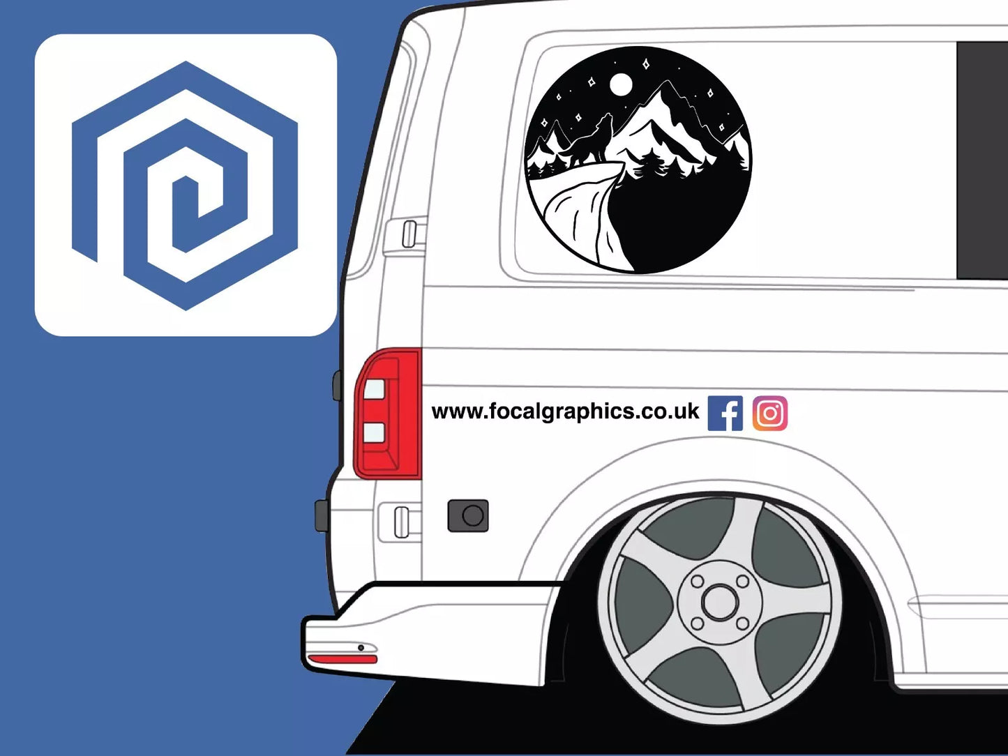 2x Wolf Moon & Mountain Vinyl Decals For Camper Van Caravan Sticker Graphic