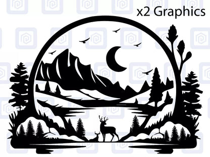 LARGE 2x Mountain Deer Moon Vinyl Decals For Camper Van Caravan Sticker Graphic