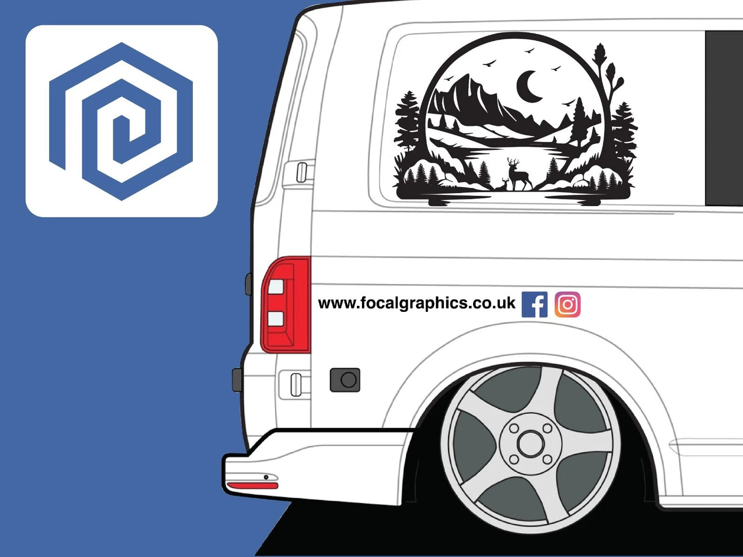 LARGE 2x Mountain Deer Moon Vinyl Decals For Camper Van Caravan Sticker Graphic