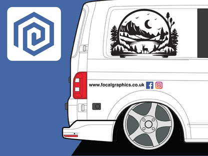 LARGE 2x Mountain Deer Moon Vinyl Decals For Camper Van Caravan Sticker Graphic