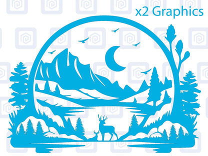 LARGE 2x Mountain Deer Moon Vinyl Decals For Camper Van Caravan Sticker Graphic